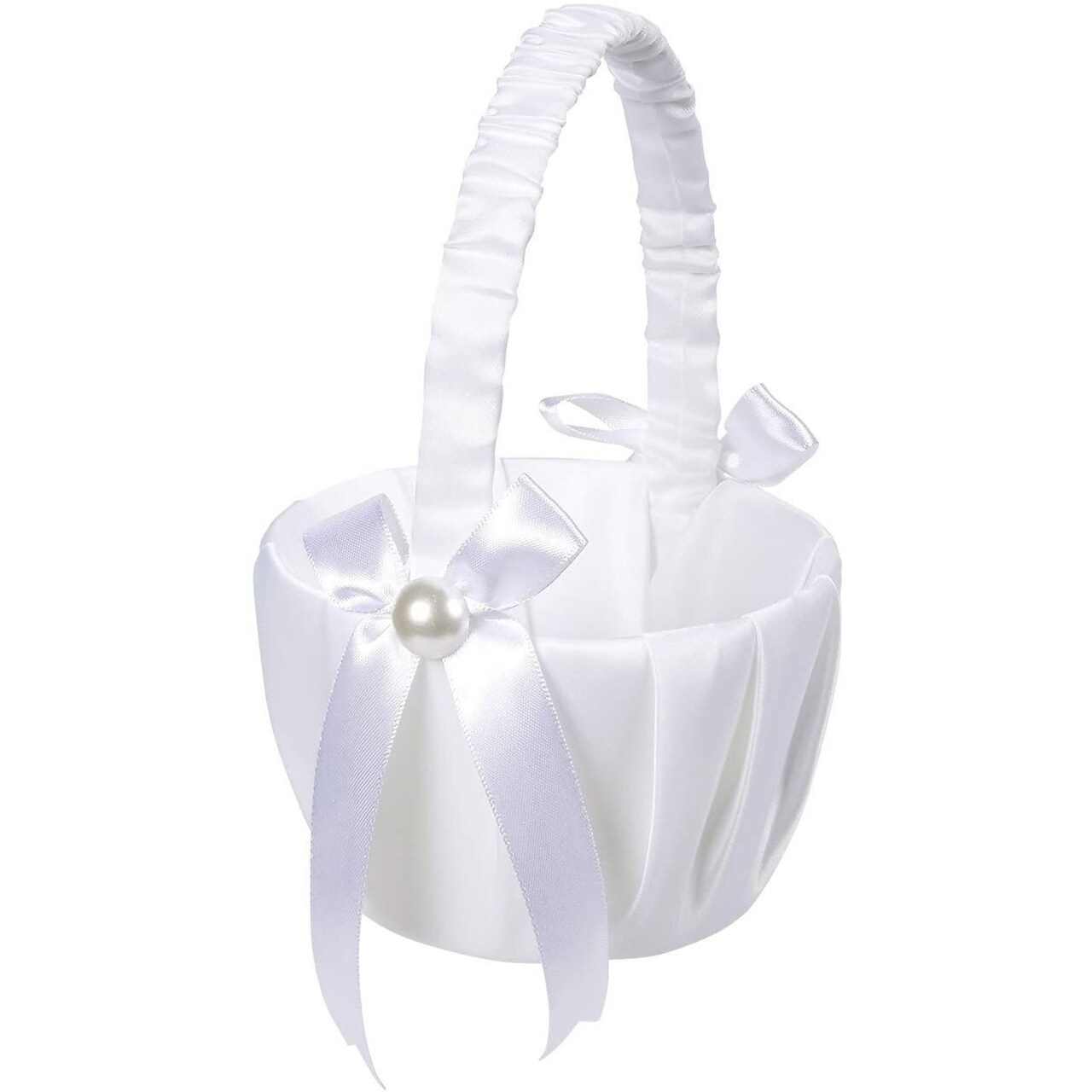White Flower Girl Basket with Satin Bowknot & Pearl Design 8 x 5.2 x 6 Inch, Flower Petal Basket Ideal for Wedding Party, Elegant Ceremony Accessories, For Ages 3-4